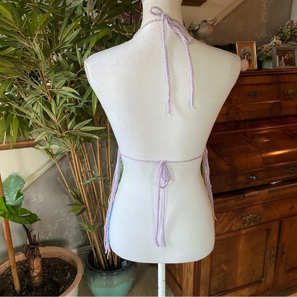 WoWo Colorful Crochet Halter Top Size L Open Back with Fringe Boho Hippie Fest - Picture 8 of 11